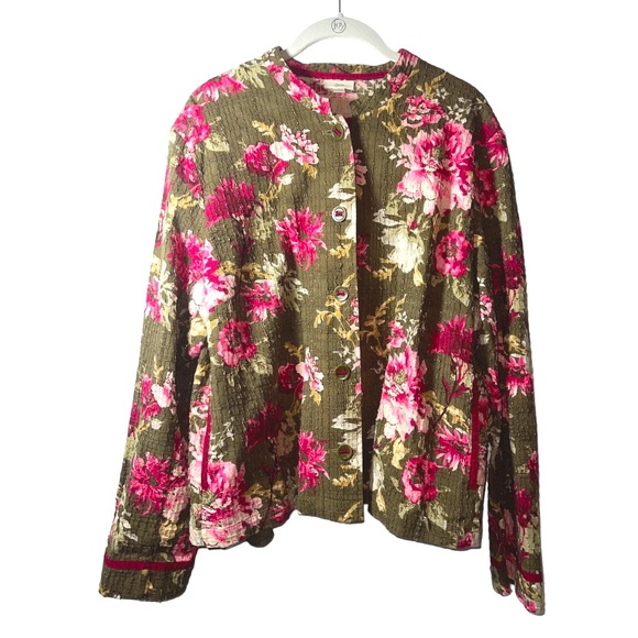 J. Jill Jackets & Blazers - J. Jill Cottage Core Green Floral Textured Button Front Jacket Pink Floral Print